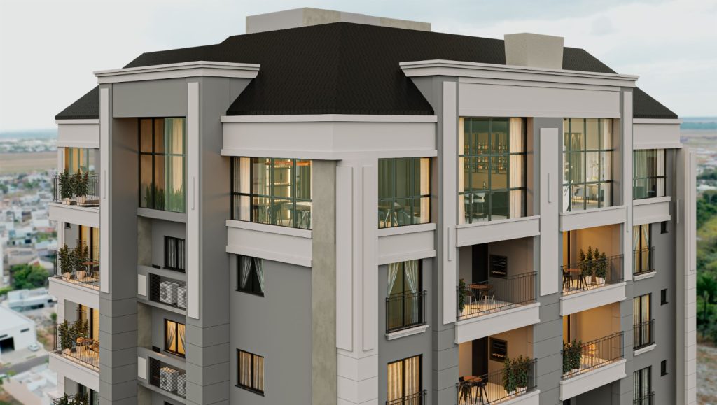 Fachada superior de um edifício residencial moderno, com varandas e grandes janelas envidraçadas.