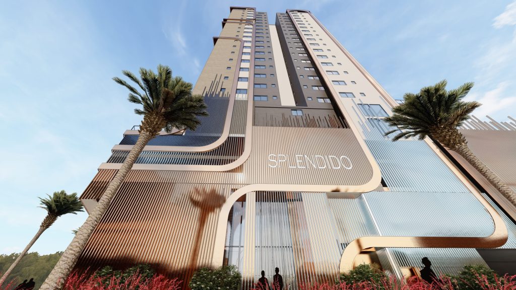 Fachada de um edifício residencial alto com design arrojado, palmeiras e acabamento dourado.