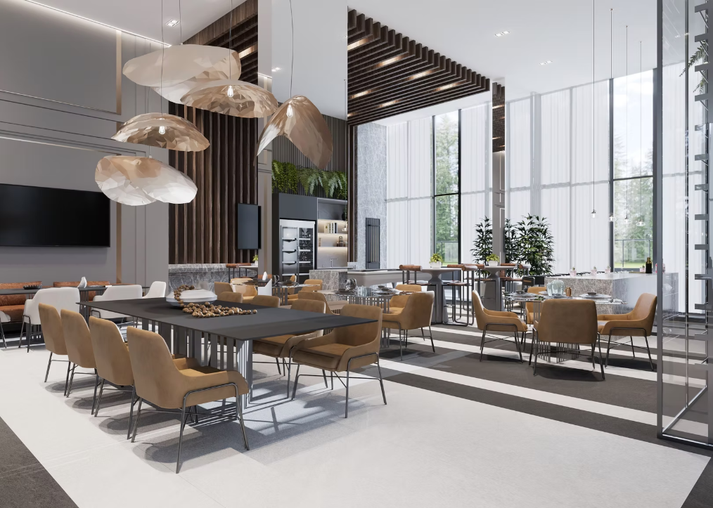 Espaço moderno e sofisticado de convivência com mesas, cadeiras elegantes, iluminação decorativa e grandes janelas de vidro.