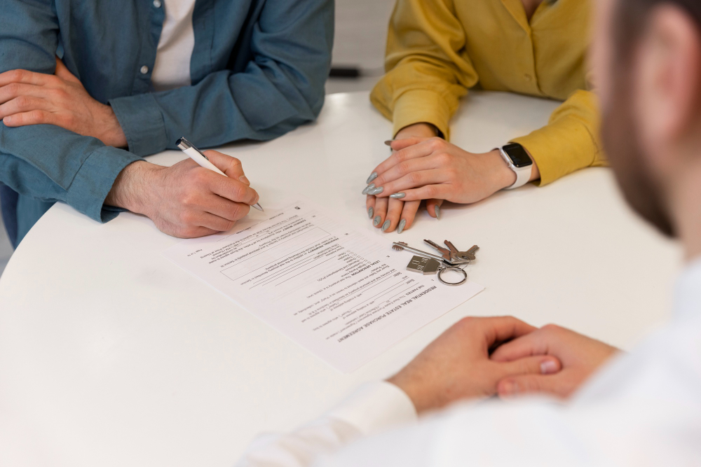 Pessoa assinando um contrato sobre uma mesa branca, ao lado de outra pessoa com chave de imóvel; um terceiro indivíduo observa a assinatura.