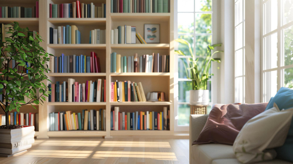 Biblioteca iluminada com estantes cheias de livros, plantas decorativas e sofá com almofadas ao lado de janelas amplas.