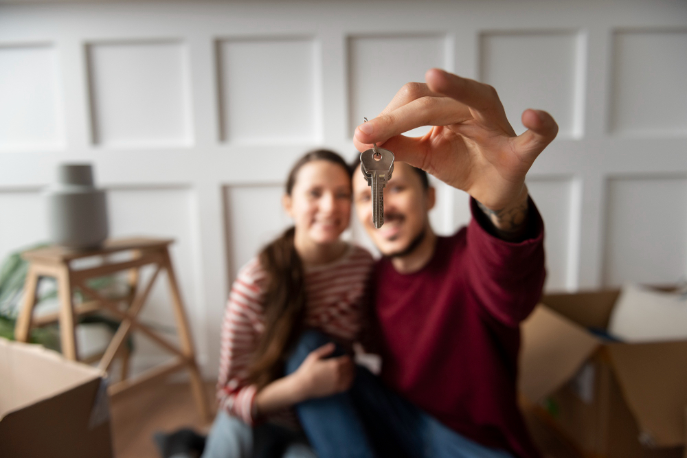 Casal sorridente segura chave da nova casa em primeiro plano, celebrando a conquista.
