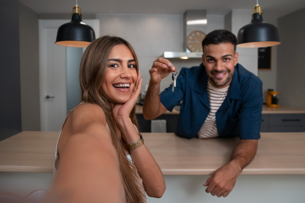 Casal jovem comemora conquista do novo lar tirando uma selfie com a chave da casa em mãos.