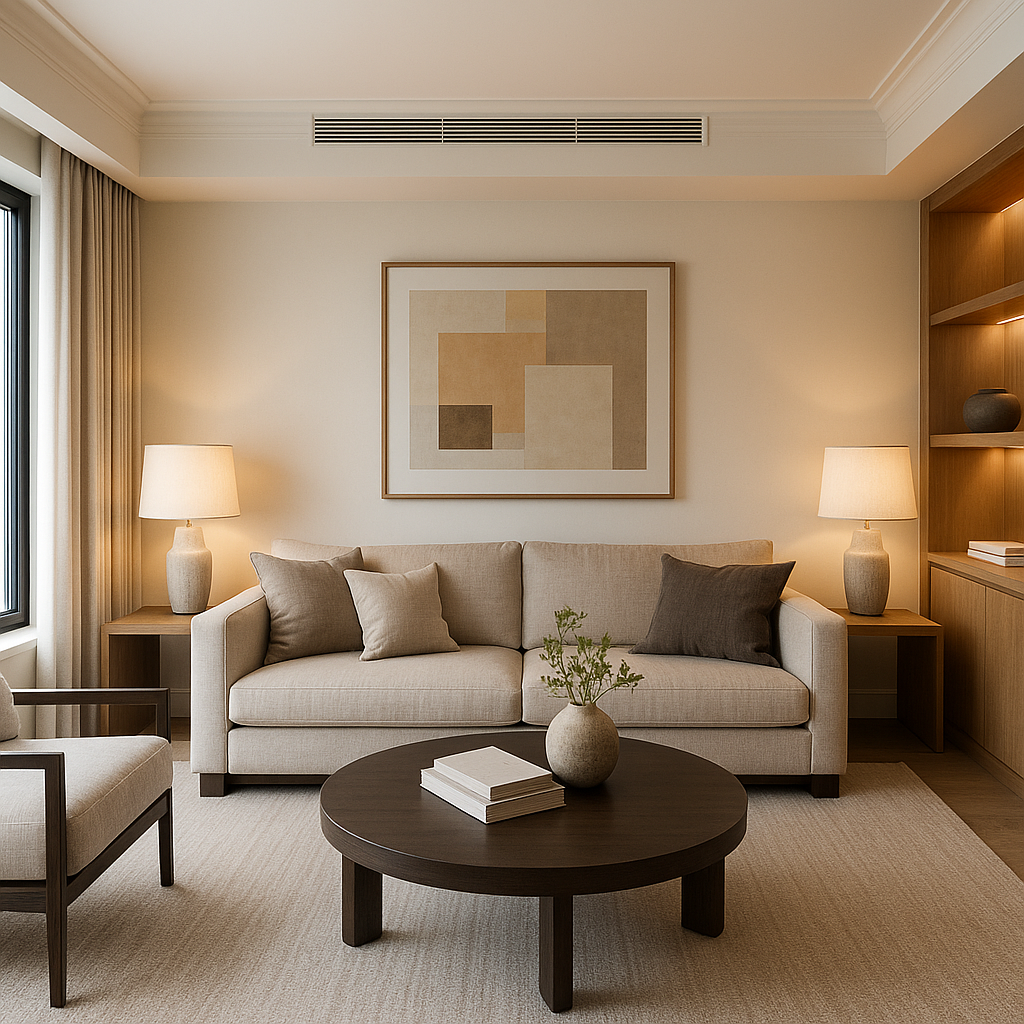 Sala de estar moderna com decoração neutra e sistema de ar-condicionado embutido no teto, invisível na composição do ambiente.