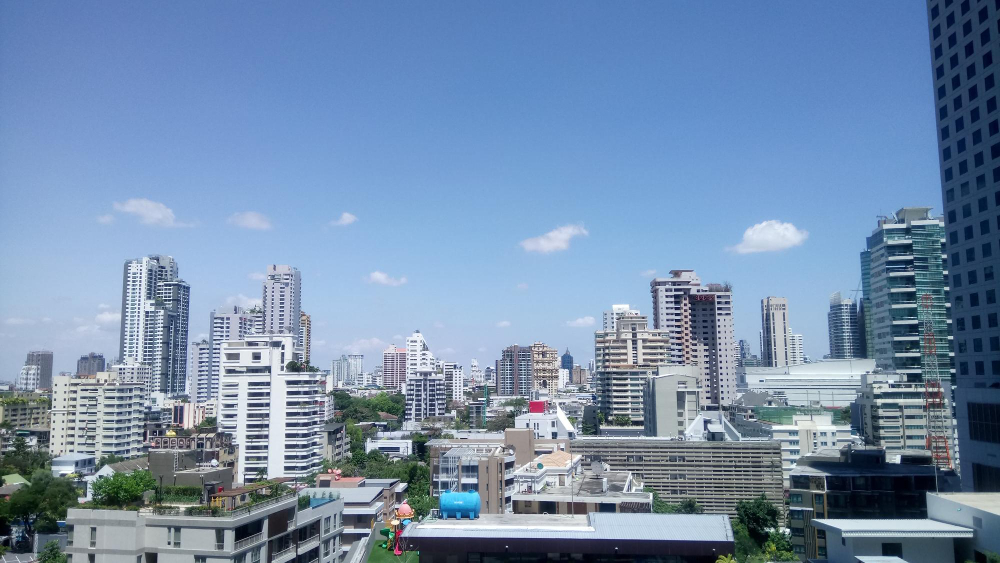 Vista panorâmica de uma área urbana com diversos prédios altos e modernos sob um céu claro e azul.