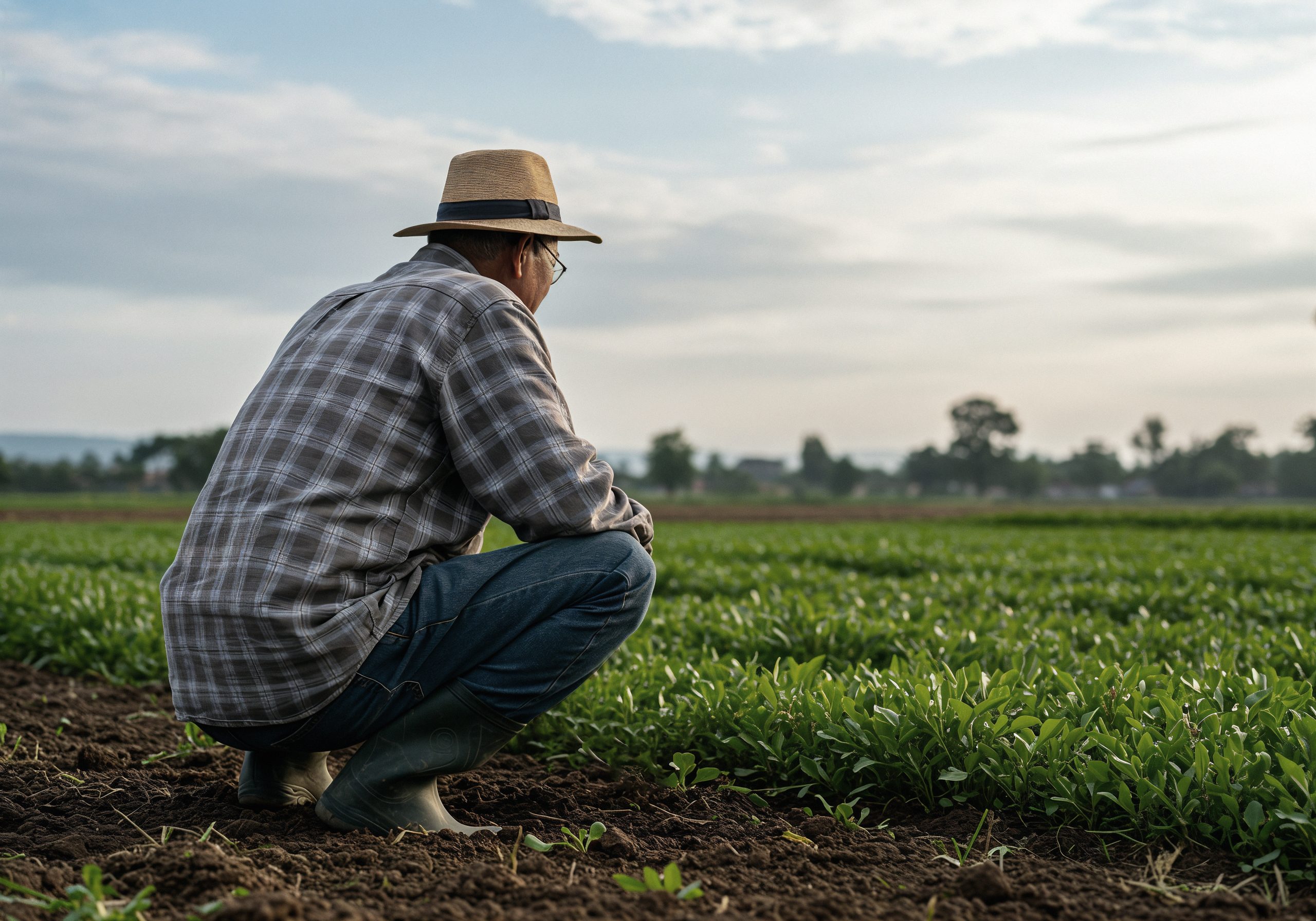 Agricultor agachado observando uma plantação verde ao entardecer.