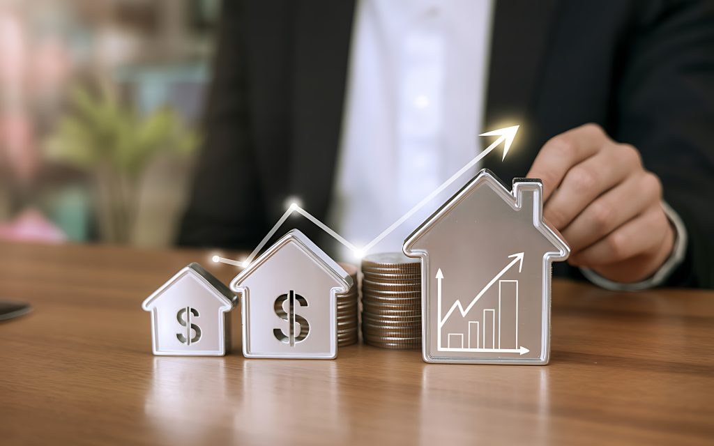 Miniaturas de casas com símbolo de cifrão ao lado de pilhas de moedas e um gráfico em alta, representando a valorização de imóveis e o impacto de índices econômicos como o IGP-M.