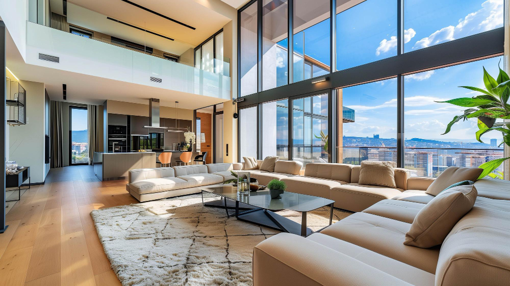 Sala de estar moderna com pé-direito alto e grandes janelas panorâmicas.