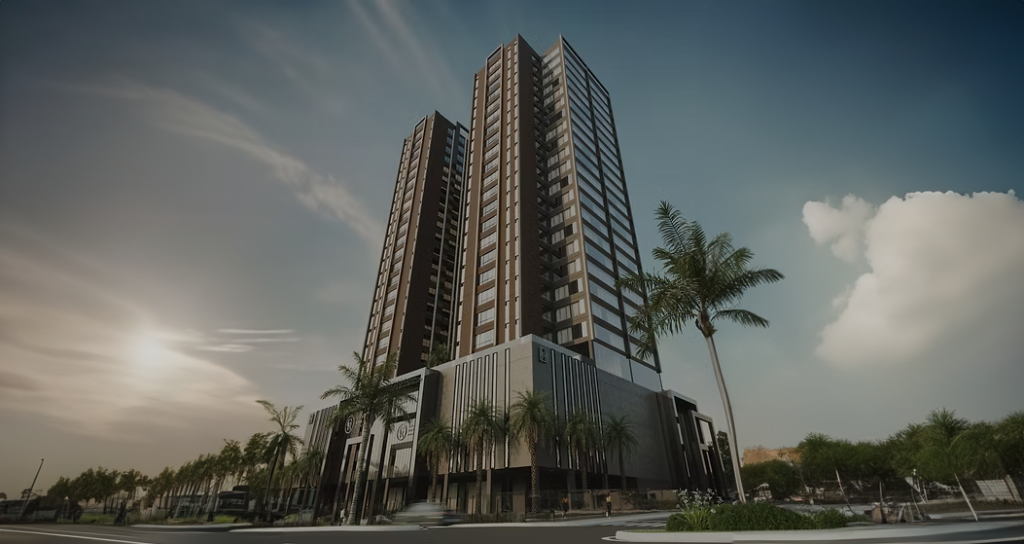 Edifício residencial de alto padrão com arquitetura moderna e palmeiras na fachada.
