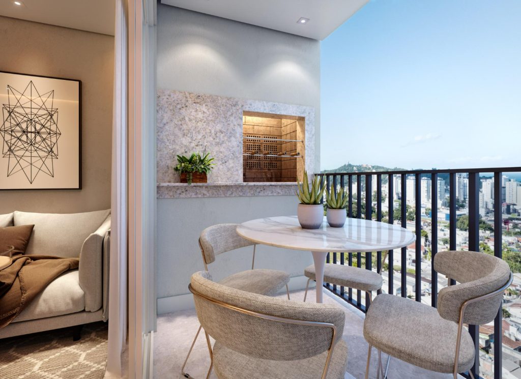 Varanda gourmet moderna com mesa redonda, quatro cadeiras estofadas, churrasqueira embutida e vista urbana ao fundo.