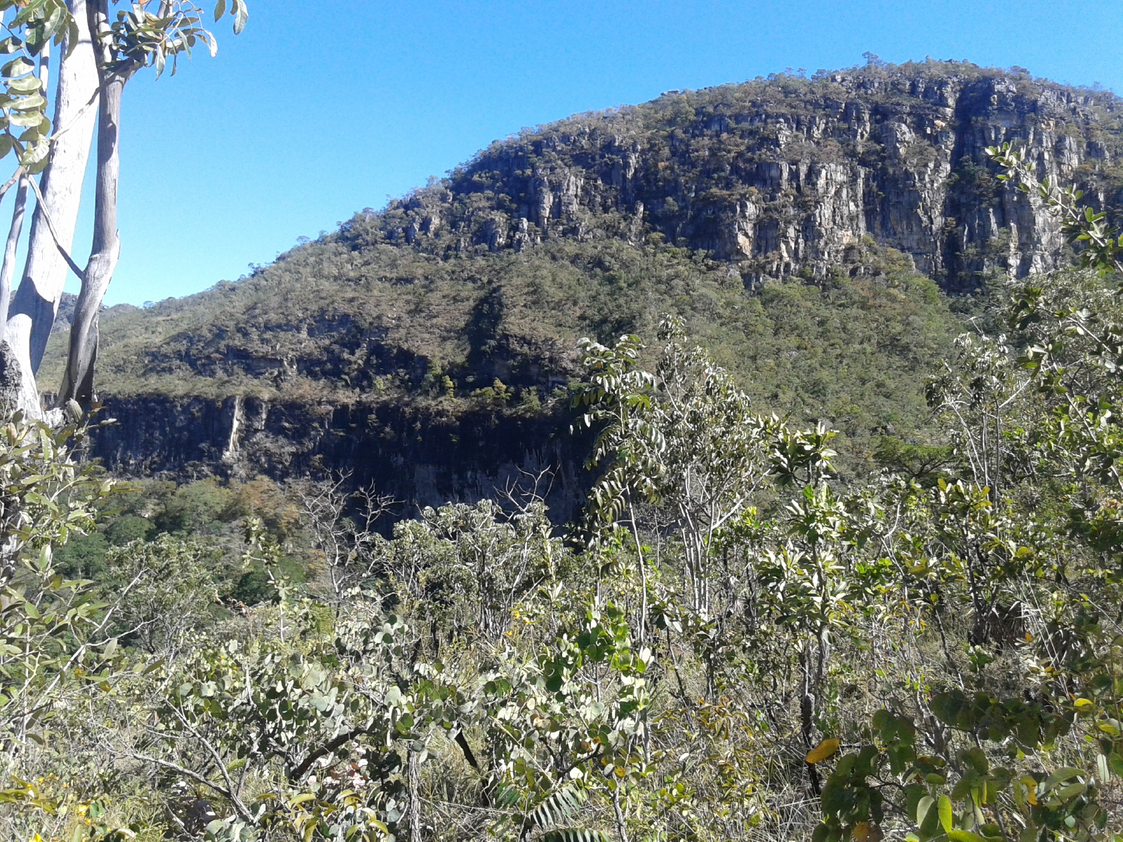 Montanha rochosa com vegetação sob céu azul.
