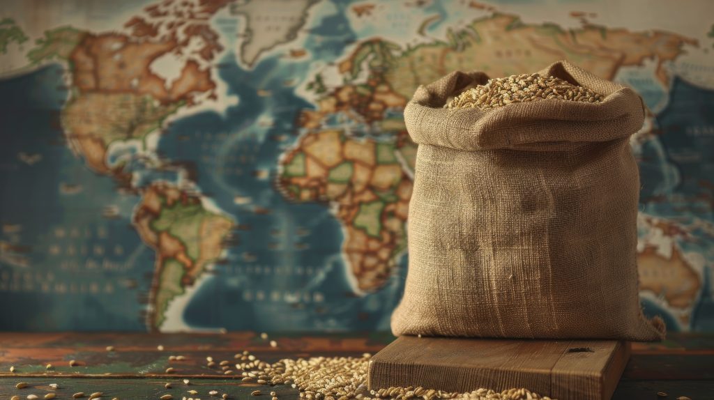Saco de grãos sobre mesa com mapa-múndi ao fundo.