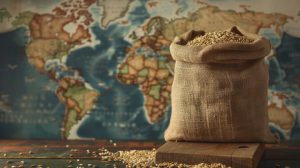 Saco de grãos sobre mesa com mapa-múndi ao fundo.