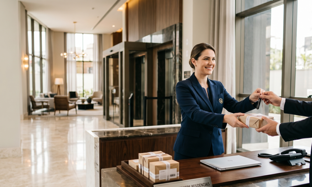 Concierge entregando encomenda a morador em lobby sofisticado de edifício residencial de alto padrão.