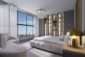 Suíte master moderna e sofisticada com cama estofada, iluminação indireta, grandes janelas e decoração contemporânea em tons neutros.