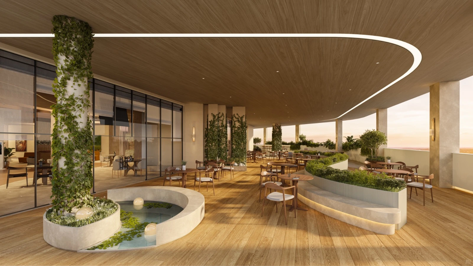 Terraço gourmet sofisticado com mesas, áreas verdes, espelho d’água decorativo e ampla vista externa.